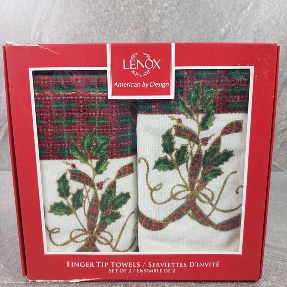 Lenox Other - Lenox Christmas 2pc Finger Tip Towel Set Holly Leaves & Berries, Plaid Ribbon
